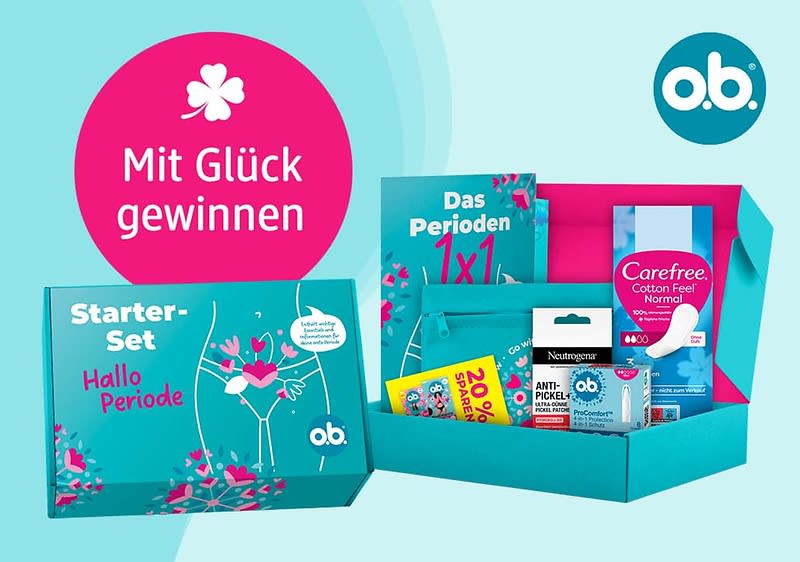 Hellblau-türkises Starter-Set-Paket mit Aufschrift „Starter-Set Hallo Periode“ und offenem Karton, darin verschiedene Periodenprodukte wie o.b.-Tamponpackung, Carefree-Box „Cotton Feel Normal“, Informationsheft „Das Perioden 1x1“ und weitere Hygieneartikel sowie runder pinker Kreis mit Text „Mit Glück gewinnen“ und o.b.-Logo