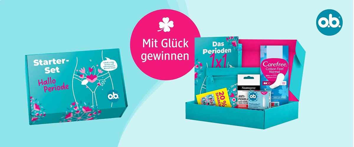 Hellblau-türkises Starter-Set-Paket mit Aufschrift „Starter-Set Hallo Periode“ und offenem Karton, darin verschiedene Periodenprodukte wie o.b.-Tamponpackung, Carefree-Box „Cotton Feel Normal“, Informationsheft „Das Perioden 1x1“ und weitere Hygieneartikel sowie runder pinker Kreis mit Text „Mit Glück gewinnen“ und o.b.-Logo