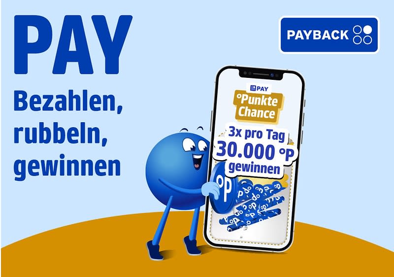 Blauer PAYBACK-Punkt-Charakter jubelt neben einem Smartphone, auf dessen Bildschirm die PAY-App mit Texten „Punkte Chance“, „222x 10.000°P gewinnen!“ und einem Haufen blauer PAYBACK-Punkte-Icons zu sehen ist, links daneben großer Schriftzug „PAY Bezahlen, rubbeln, jubeln“