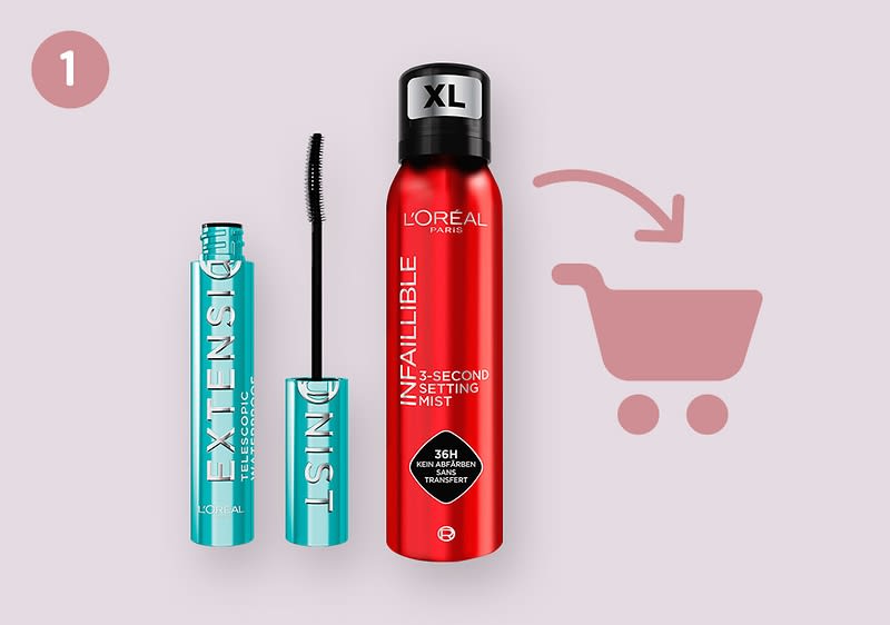 Türkisfarbene Mascara-Verpackung mit schwarzer gebogener Bürste links und rote Sprühdose „L'Oréal Infallible 3-Second Setting Mist“ mit schwarzem XL-Deckel rechts, rechts daneben stilisierter Einkaufswagen-Pfeil und Kreis mit der Zahl 1 oben links