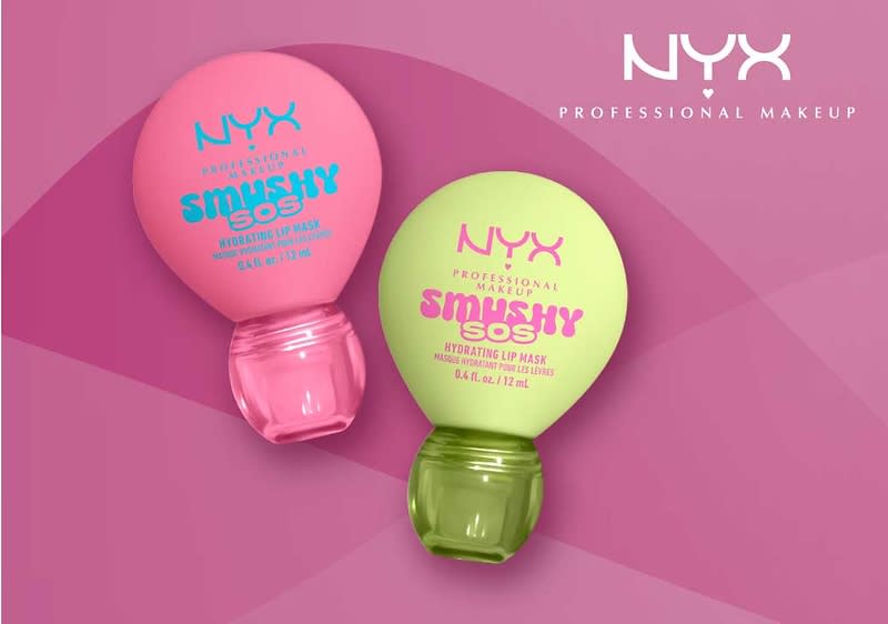 Zwei runde NYX Smashy Sosh Hydrating Lip Mask-Behälter in pink und hellgrün mit Schraubverschluss auf rosa Hintergrund, rechts oben Schriftzug „NYX Professional Makeup“