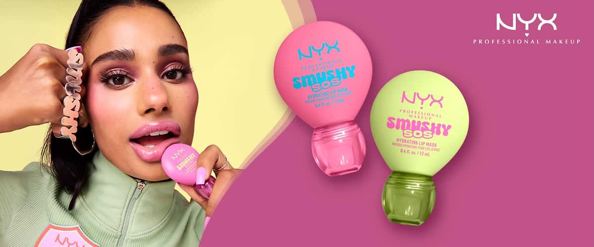 Zwei runde NYX Smashy Sosh Hydrating Lip Mask-Behälter in pink und hellgrün mit Schraubverschluss auf rosa Hintergrund, rechts oben Schriftzug „NYX Professional Makeup“