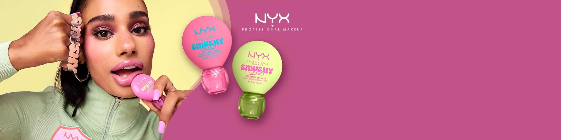 zwei kugelförmige NYX Smushy Soshy Hydrating Lip Mask Verpackungen, links rosa mit blauem Text, rechts neongrün mit pinkem Text, auf pinkem Hintergrund, oben rechts NYX Professional Makeup Schriftzug
