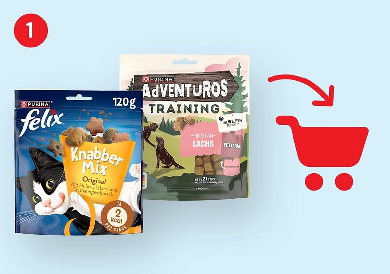 Zwei Katzenfutterbeutel nebeneinander: links blaues „Felix Knabber Mix“ 120 g, rechts ein rosa-grüner Beutel „Purina Adventuros Training Lachs“, rechts daneben rotes Einkaufswagen-Symbol mit Pfeil