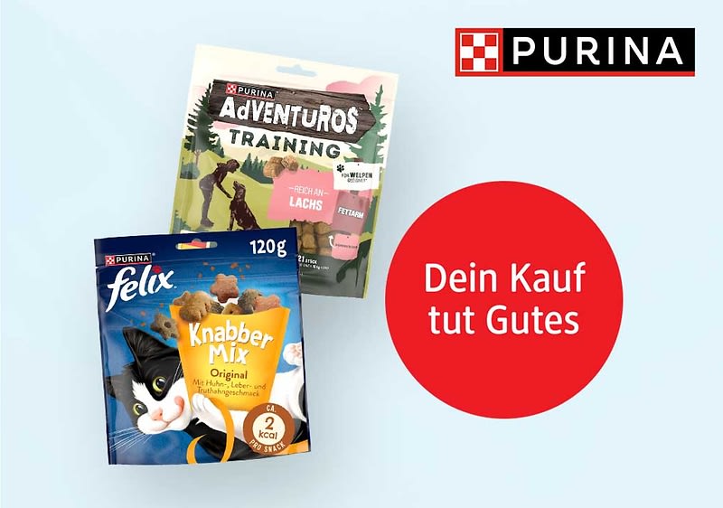 Zwei Purina-Katzenfutter-Snackverpackungen („Felix Knabber Mix Original“ 120 g und „Adventuros Training“), rechts ein roter Kreis mit weißem Text „Dein Kauf tut Gutes“ und oben rechts Purina-Logo