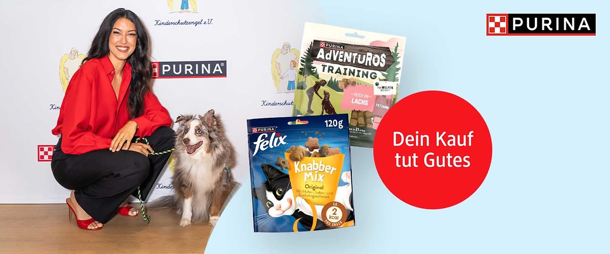 Zwei Purina-Katzenfutter-Snackverpackungen („Felix Knabber Mix Original“ 120 g und „Adventuros Training“), rechts ein roter Kreis mit weißem Text „Dein Kauf tut Gutes“ und oben rechts Purina-Logo