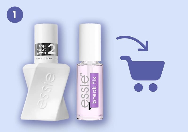 Zwei Nagelpflegeprodukte der Marke Essie nebeneinander: links weiße Flasche mit Prägung und Aufdruck „top coat step 2 gel couture“, rechts klare Flasche mit hellrosa Flüssigkeit und violettem Etikett „break fix“, daneben stilisierter Einkaufswagen mit Pfeil