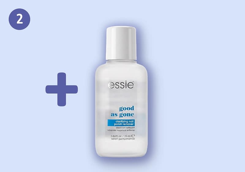 Essie Nagellack-Entferner good as gone in kleiner transparent-weißer Flasche mit weißer Kappe vor hellblauem Hintergrund, links ein blaues Pluszeichen und oben links die Zahl 2 in Kreis