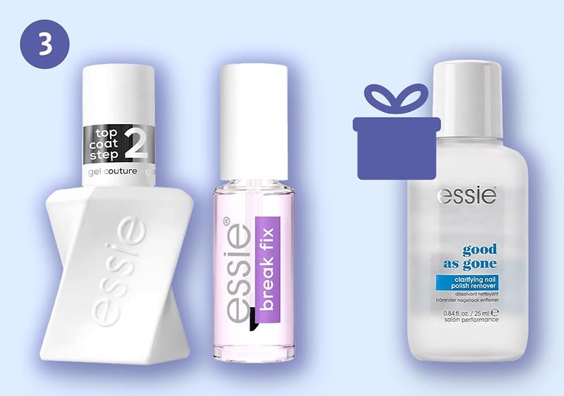 Drei Essie-Nagelprodukte nebeneinander: links weiße Flasche mit Aufschrift „top coat step 2“, mittig kleine klare Flasche mit rosa Flüssigkeit und Aufschrift „break fix“, rechts transparente Flasche mit Aufschrift „good as gone clarifying nail polish remover“