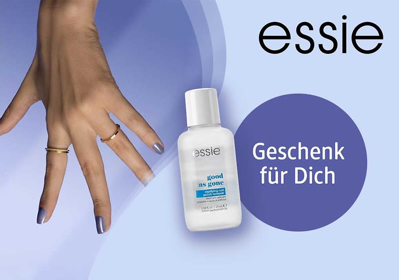 weiße Flasche Nagelpflege von Marke essie mit Aufschrift „good as gone“ vor lila Hintergrund, links Hand mit lila lackierten Nägeln und Ringen, rechts violetter Kreis mit Text „Geschenk für Dich“