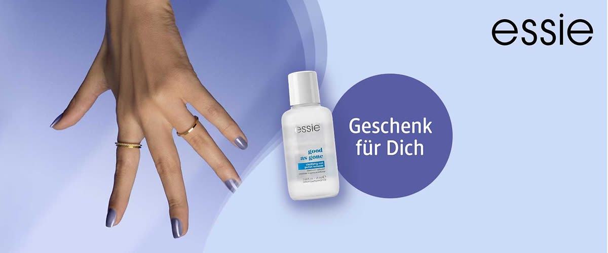 weiße Flasche Nagelpflege von Marke essie mit Aufschrift „good as gone“ vor lila Hintergrund, links Hand mit lila lackierten Nägeln und Ringen, rechts violetter Kreis mit Text „Geschenk für Dich“