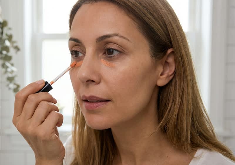 Frau trägt mit Applikator flüssigen Concealer unter dem rechten Auge auf