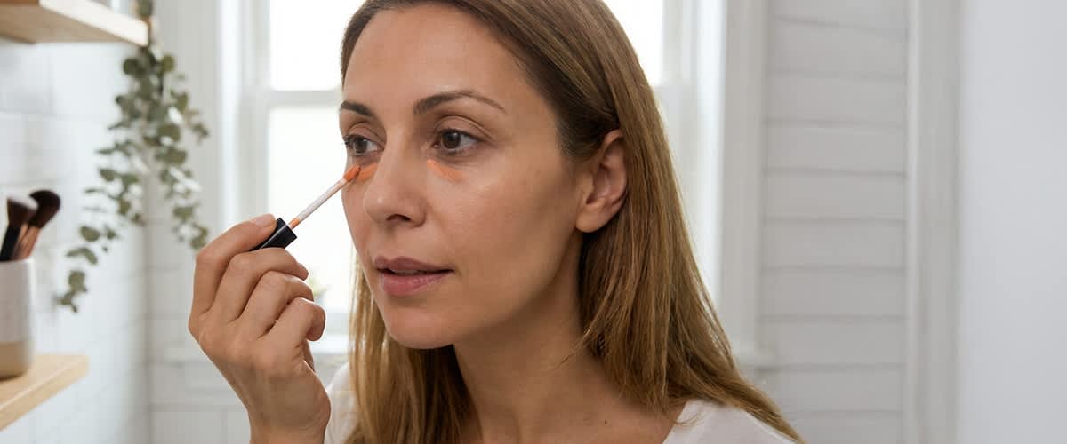 Frau trägt mit Applikator flüssigen Concealer unter dem rechten Auge auf