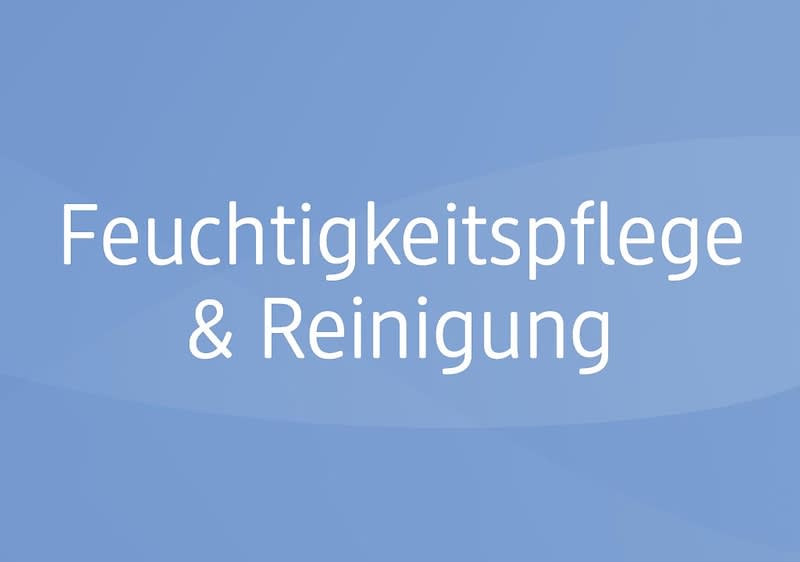 weißer Text auf blauem Verlaufshintergrund: „Feuchtigkeitspflege & Reinigung“