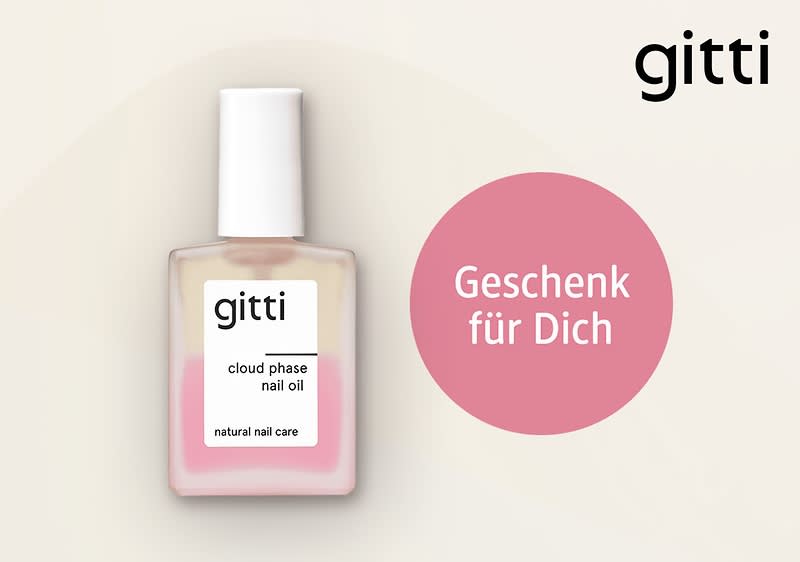 gitti Nagelöl cloud phase in rechteckiger Glasflasche mit weißem Verschluss links und rosa Kreis mit Text Geschenk für Dich rechts, gitti-Logo oben rechts