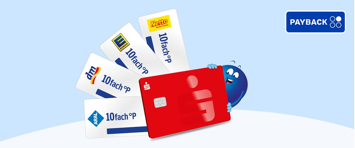 Illustration eines blauen PAYBACK-Partnersymbols, das eine rote Sparkassen-Karte hält, davor fünf PAYBACK-Punkte-Karten mit Logos von dm, Edeka, Netto und Aral und dem Text „10fach °P“, oben rechts PAYBACK-Logo