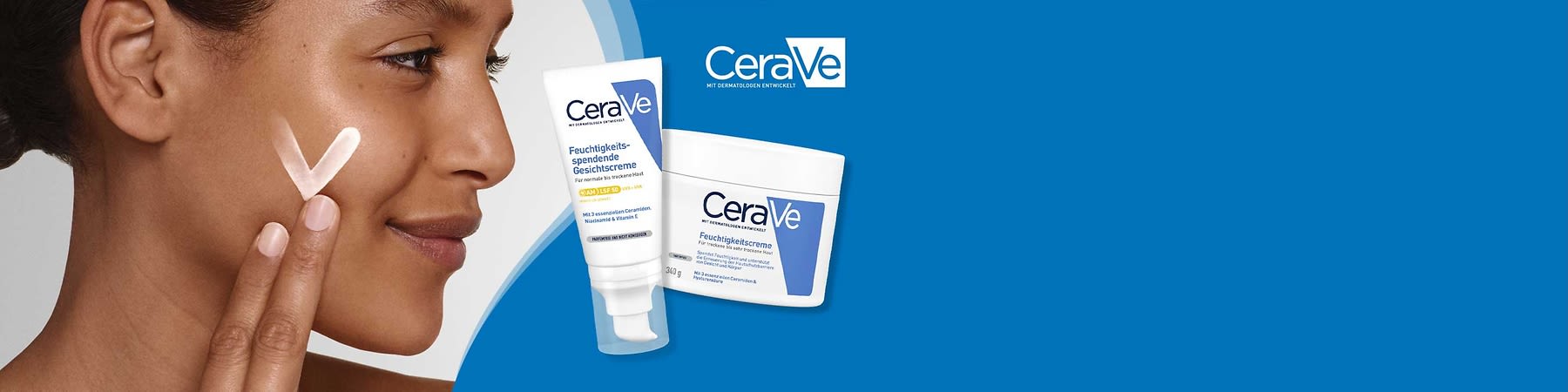 CeraVe Feuchtigkeitsspendende Gesichtscreme als Tube und Tiegel vor blauem Hintergrund, mit CeraVe-Logo
