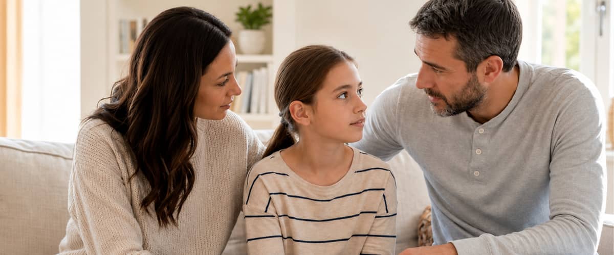 Mutter und Vater sitzen auf einem Sofa und blicken einfühlsam zu ihrer Tochter in der Mitte, die die Hände gefaltet auf den Knien hält