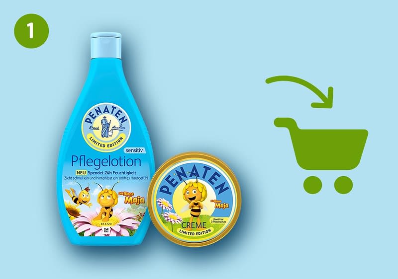 Zwei blaue Penaten-Produktverpackungen: links eine Flasche „Pflegelotion“ mit Biene-Maja-Motiv, rechts eine runde Dose „Creme“ mit Biene-Maja-Aufdruck, rechts daneben grünes Einkaufswagen-Symbol
