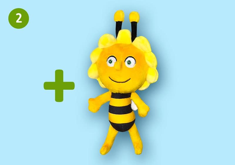 Plüschfigur einer gelb-schwarz gestreiften Biene mit Sonnenblumen-artigem Kopf, grünes Pluszeichen links und grüner Kreis mit der Zahl „2“ oben links