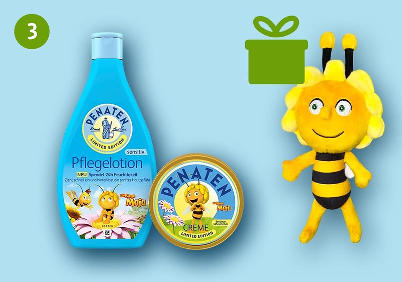 Drei Produkte auf hellblauem Hintergrund: links eine blaue Flasche Penaten Pflegelotion mit Bienendesign und Aufschrift „Pflegelotion“, daneben eine runde Dose Penaten Creme mit Bienenmotiv und Aufschrift „CREME“, rechts ein gelb-schwarz gestreiftes Plüschtier einer Marienkäfer‑ähnlichen Biene mit lächelndem Gesicht und Antennen