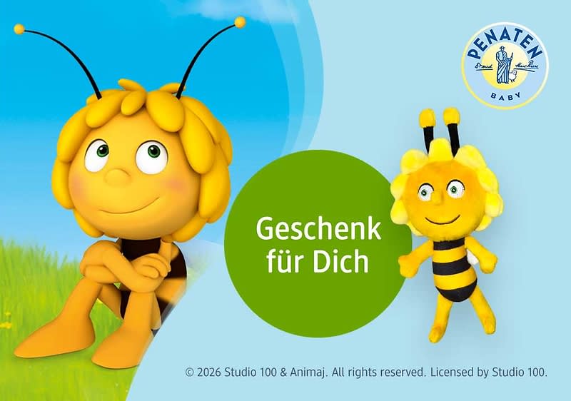 Gelbe Biene-Maskottchen links sitzend mit verschränkten Armen und rechts als Plüschfigur, grüner Kreis mit Text „Geschenk für Dich“ und Penaten-Logo oben rechts