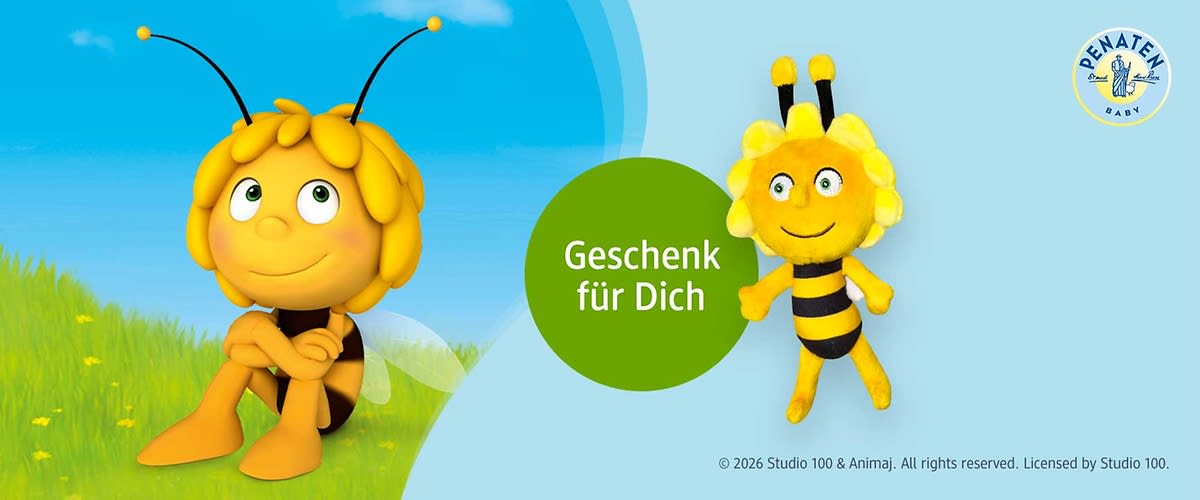 Gelbe Biene-Maskottchen links sitzend mit verschränkten Armen und rechts als Plüschfigur, grüner Kreis mit Text „Geschenk für Dich“ und Penaten-Logo oben rechts