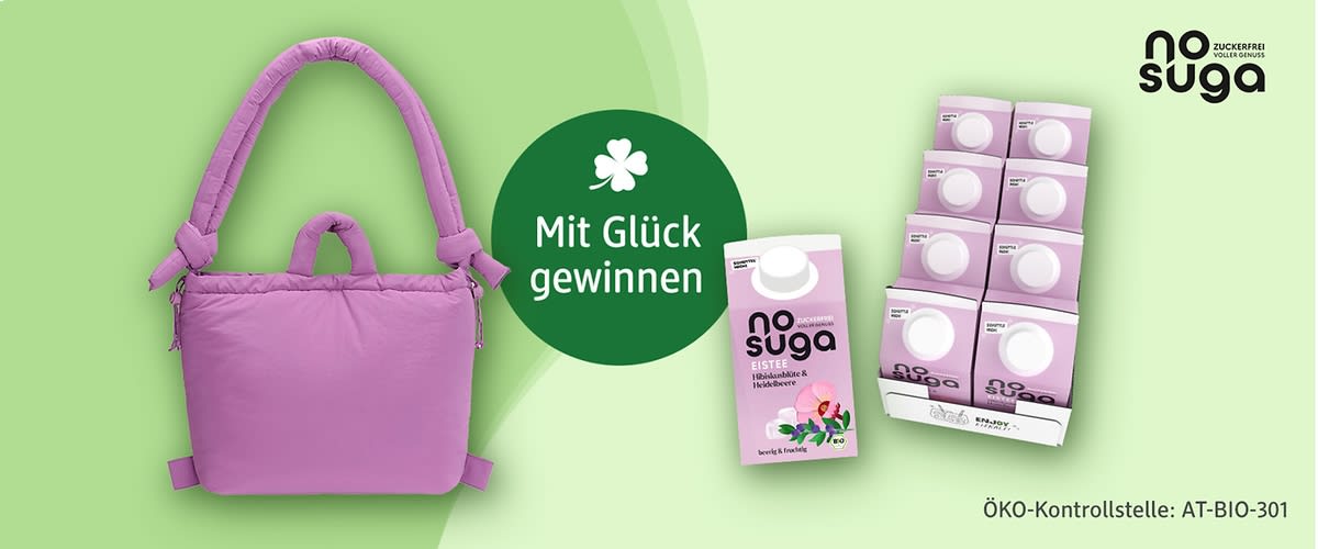 Bubble „Mit Glück gewinnen“ mit Ölend ONA Soft Bag Taschen und nosuga Bio-Eistees