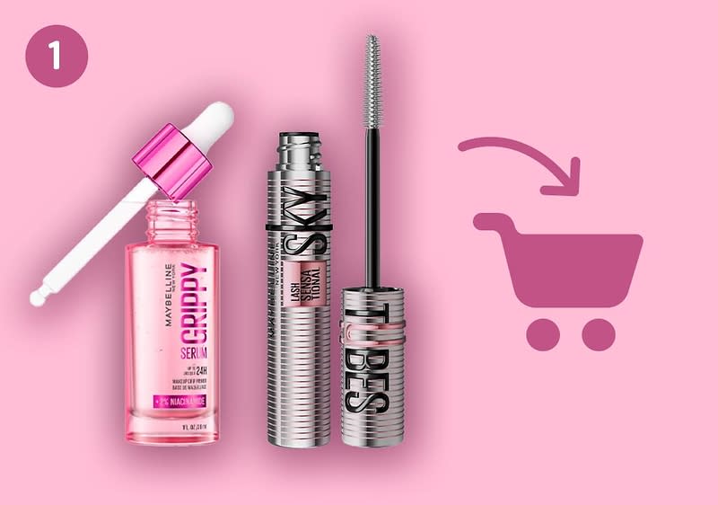 Zwei kosmetikprodukte vor rosa Hintergrund: links eine offene rosa Glasflasche mit Pipette und Aufschrift „GRIPPY Serum“, rechts eine geöffnete silberne Mascara mit aufrechtem Bürstenglas und Aufschrift „LASH SENSE“; rechts daneben pinkes Einkaufswagen-Symbol mit Pfeil nach oben links
