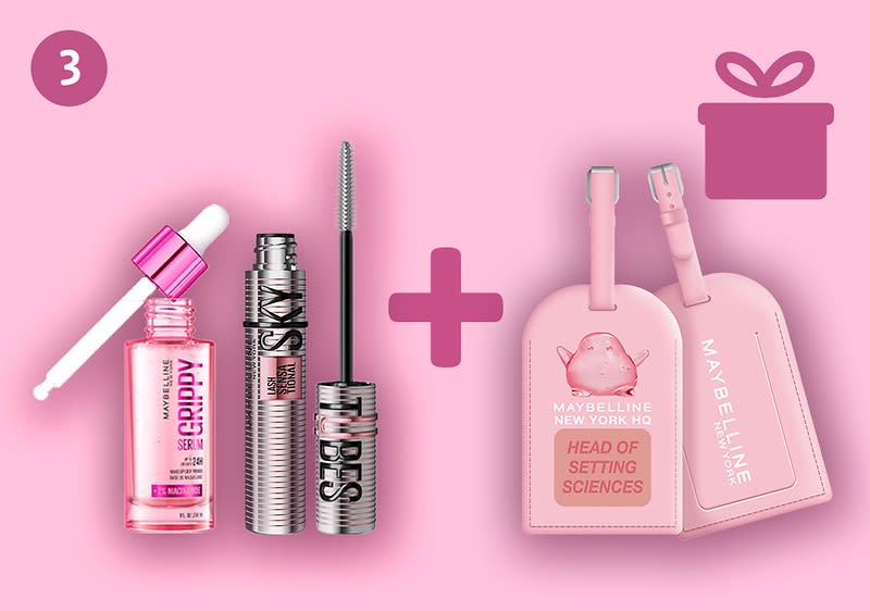 Drei rosa Make-up-Produkte nebeneinander: links eine Pipettenflasche mit Aufschrift „GRIPPY“ und tropfender Pipette, in der Mitte eine offene Mascara mit sichtbarer Bürste und der Aufschrift „BES“, rechts zwei rosa Gepäckanhänger mit Maybelline-Schriftzug und dem Text „HEAD OF SETTING SCIENCES“ auf einem Anhänger