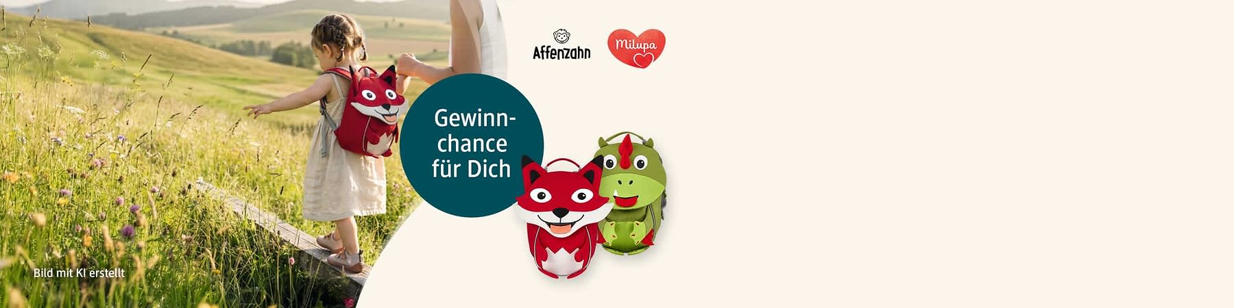 Zwei Kinderrucksäcke in Form eines roten Fuchses und eines grünen Drachens. Rechts daneben ein Kreis mit der Aufschrift „Gewinnchance für Dich“. Oben links das Logo von Milupa und rechts daneben das Logo von Affenzahn.