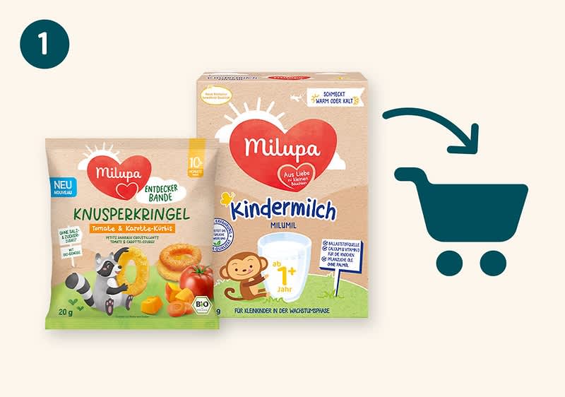 Zwei Milupa-Produkte nebeneinander: links eine kleine Tüte „Knusperkeringel“ mit Bild von Aprikosen und Gemüse und Aufschrift „Neu“, rechts eine Packung „Kindermilch“ mit Herzlogo, Altersempfehlung „1+“ und niedlichem Affenmotiv, rechts daneben ein dunkelgrüner Einkaufswagenpiktogramm mit Pfeil nach oben links