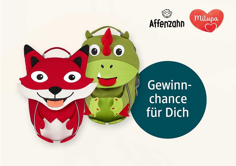 Zwei Kinderrucksäcke in Form eines roten Fuchses und eines grünen Drachens. Rechts daneben ein Kreis mit der Aufschrift „Gewinnchance für Dich“. Oben rechts die Logos von Milupa und Affenzahn.