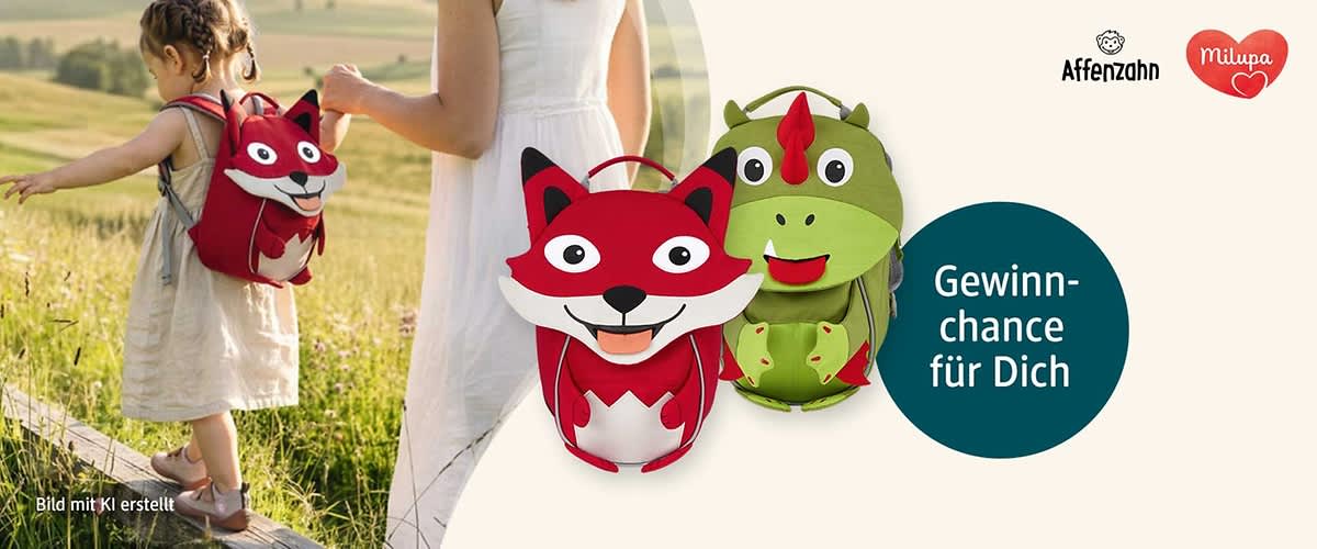 Zwei Kinderrucksäcke in Form eines roten Fuchses und eines grünen Drachens. Rechts daneben ein Kreis mit der Aufschrift „Gewinnchance für Dich“. Oben rechts die Logos von Milupa und Affenzahn.