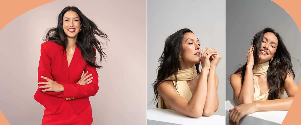 Collage aus drei Fotos einer von Rebecca Mir: links Ganzkörperbild in rotem Blazer mit verschränkten Armen und Lächeln, rechts oben Halbprofil mit hellem ärmellosem Oberteil und gefalteten Händen am Kinn, rechts unten sitzend mit geschlossenen Augen und einer Hand an der Seite des Gesichts