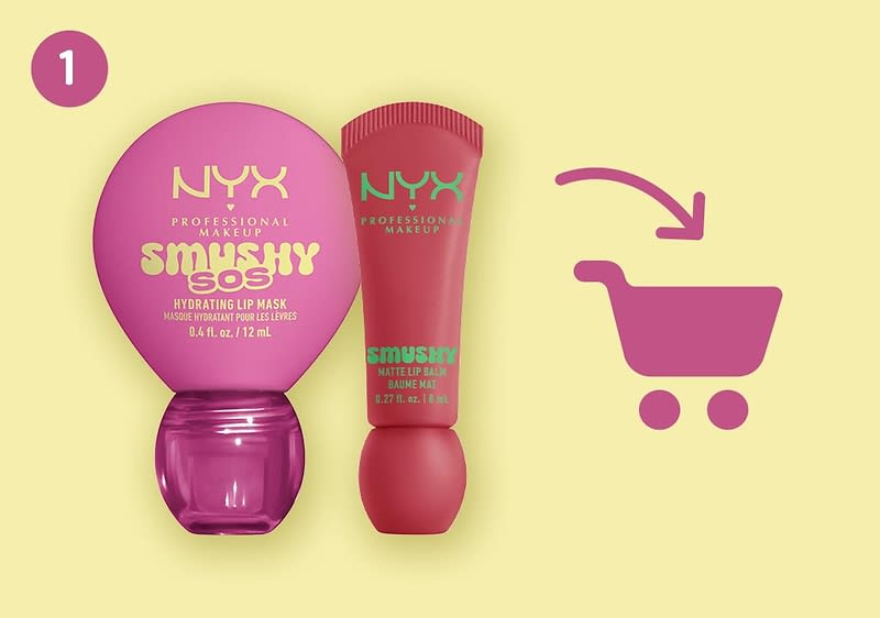 Zwei NYX Professional Makeup Produkte der Serie „Smushy Soshy“: links runde pinke Dose mit Aufschrift „Smushy Soshy Hydrating Lip Mask 0.4 fl. oz. / 12 mL“, rechts rosa-rotes Tuben-Stick mit Aufschrift „Smushy Matte Lip Balm 0.27 fl. oz. / 8 mL“, daneben pinkes Einkaufswagen-Symbol mit Pfeil