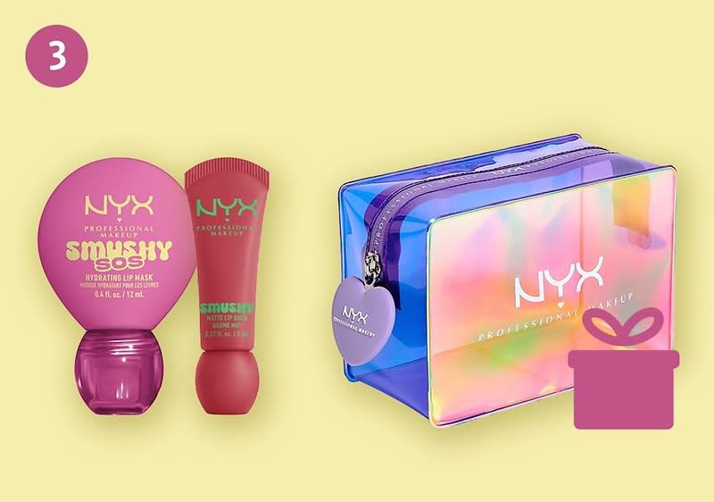 Drei Kosmetikartikel von NYX: links eine runde pinke Dose mit Aufschrift „NYX Professional Makeup Smushy SOS Hydrating Lip Mask“, daneben eine pinke Tubenförmige Lippenmaske mit Aufschrift „NYX Professional Makeup Smushy“, rechts ein irisierendes, rechteckiges NYX-Kosmetiktäschchen mit Reißverschluss und NYX-Logo, vor hellem Hintergrund