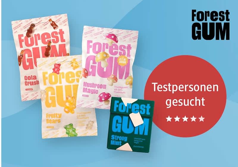 Bubble „Testpersonen gesucht“ mit den Forest GUM Fruchtgummis Mushroom Magic, Cola Crush und Fruity Bears sowie Kaugummi Strong Mint