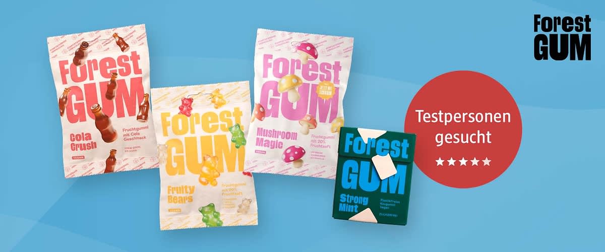 Bubble „Testpersonen gesucht“ mit den Forest GUM Fruchtgummis Mushroom Magic, Cola Crush und Fruity Bears sowie Kaugummi Strong Mint
