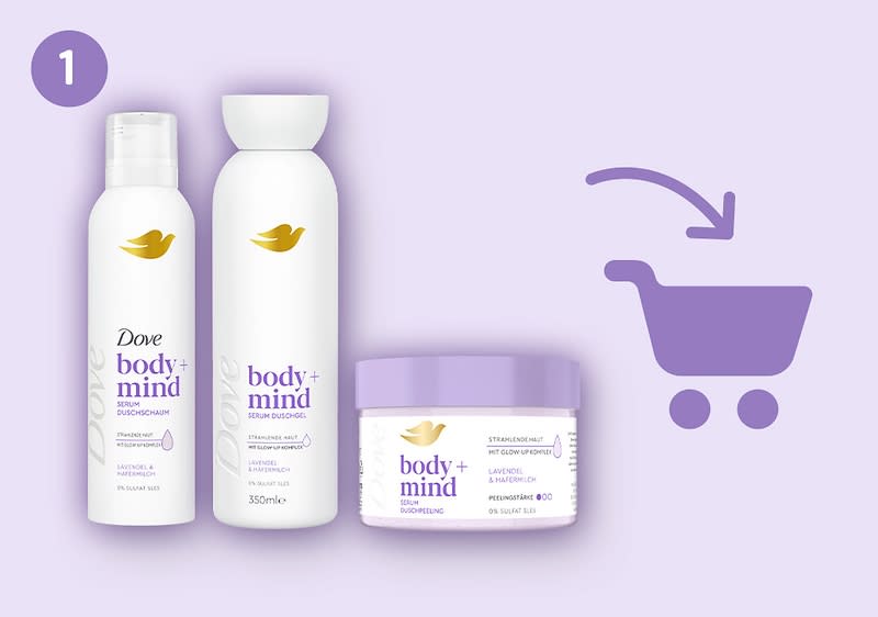 Drei weiße Dove body+mind Pflegeprodukte (zwei hohe Flaschen und ein runder Tiegel) mit lila Akzenten und goldener Tauben-Logografik, rechts ein lila Einkaufswagen-Symbol mit Pfeil, lila Hintergrund