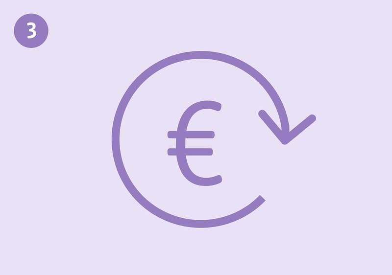 Violettes Euro-Symbol in einem runden Pfeil, links oben kleiner violetter Kreis mit weißer Zahl 3