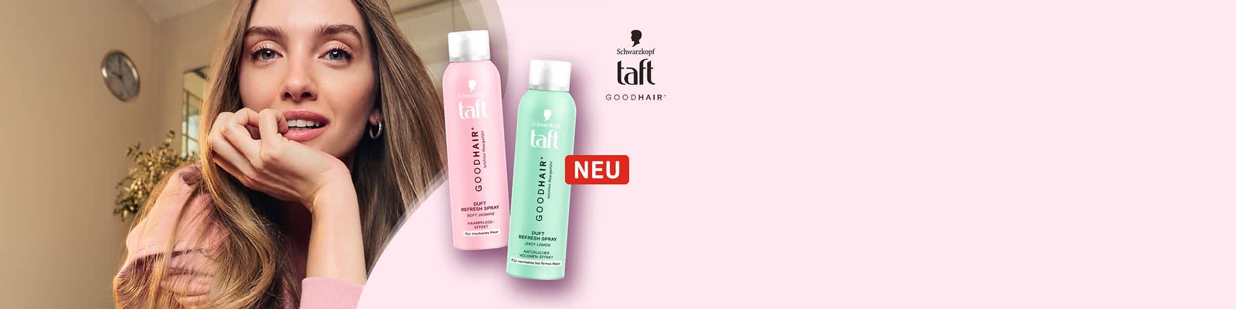 Frau mit langem blondem Haar im Bild links, rechts zwei Sprühdosen Schwarzkopf taft GoodHair Duft Refresh Spray in Rosa (Soft Jasmine) und Mintgrün (Juicy Lemon) mit rotem „NEU“-Label und taft-Logo oben rechts