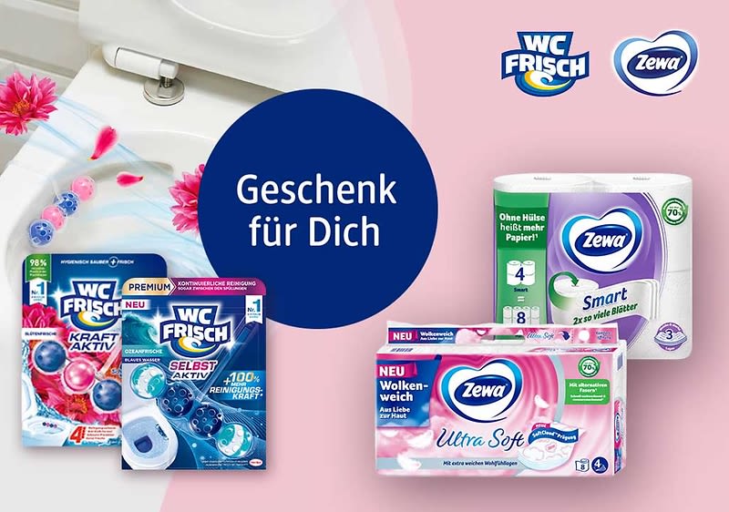 Mehrere Hygieneprodukte auf rosa Hintergrund: links zwei WC Frisch WC-Steine in blauer Verpackung mit Aufschriften „WC Frisch“ und „Kraft Aktiv“/„Selbst Aktiv“, mittig blauer Kreis mit weißer Schrift „Geschenk für Dich“, rechts oben Packung Zewa Smart Toilettenpapier weiß/grün mit Zewa-Logo und rechts unten Packung Zewa Ultra Soft Taschentücher rosa/weiß mit Aufschrift „Ultra Soft“ und Zewa-Logo. Bild mithilfe von KI erstellt