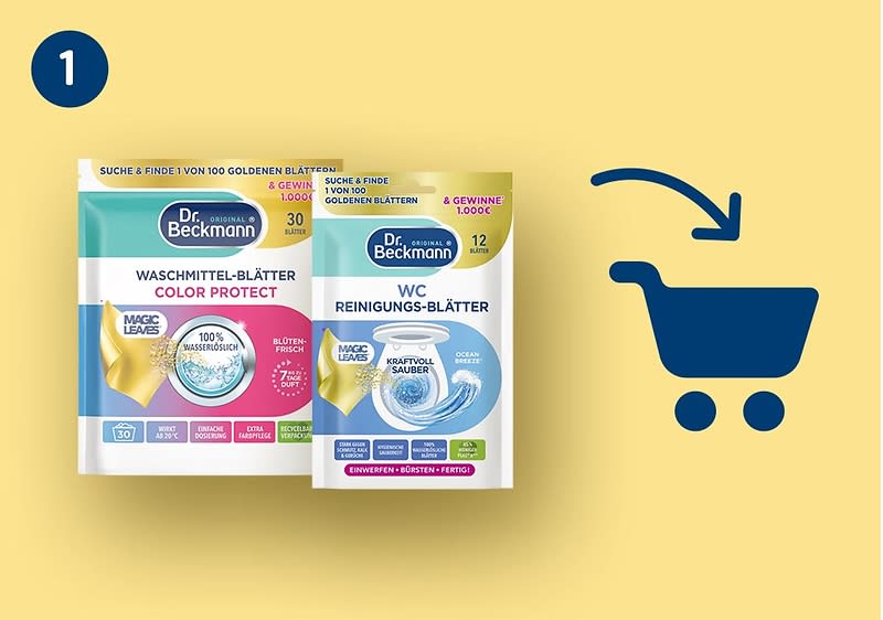 Zwei Packungen Dr. Beckmann Einweg-Blätter links, links größere Packung „Waschmittel-Blätter Color Protect“, rechts kleinere Packung „WC Reinigungs-Blätter“, rechts daneben blaues Einkaufswagen-Symbol mit Pfeil oben, gelber Hintergrund