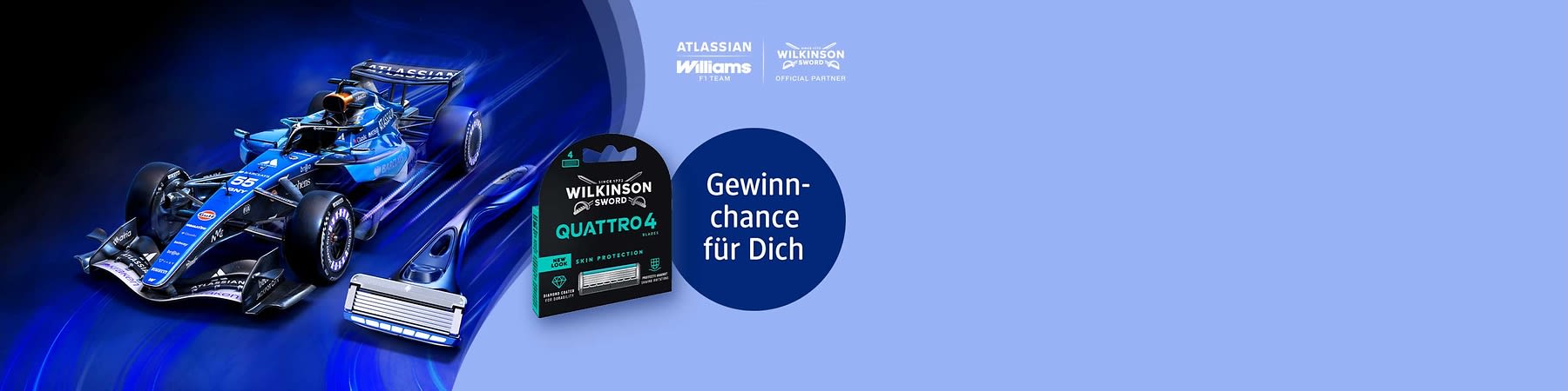 Werbebild mit Wilkinson Sword Quattro4 Ersatzklingenpackung neben Text „Gewinnchance für Dich“ und einem blauen Formel-1-Rennwagen auf hellem Hintergrund. Bild mithilfe von KI erstellt