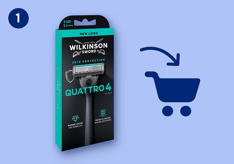 Packung eines Wilkinson Sword Quattro4 Rasierers mit Aufschrift „Skin Protection“ und „Quattro4“ links, rechts blaues Einkaufswagen-Symbol mit Pfeil nach innen