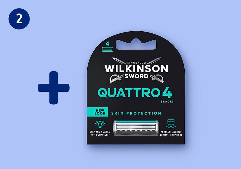Packung Ersatzklinge Wilkinson Sword Quattro 4 Blades, schwarze Verpackung mit türkisfarbenem Schriftzug „QUATTRO 4“ und Hinweis „Skin Protection“, abgebildete Rasierklinge sichtbar, davor blaues Pluszeichen und blauer Kreis mit weißer „2“