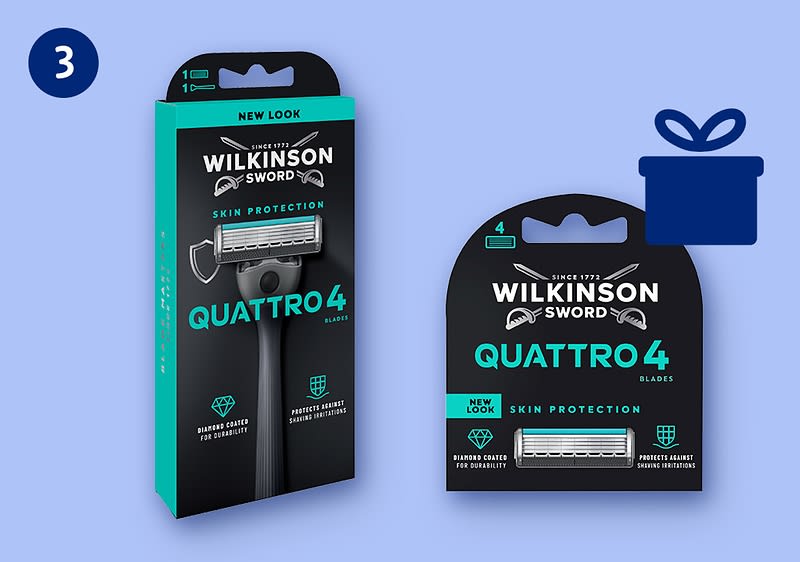 Zwei Verpackungen des Rasierers Wilkinson Sword Quattro4 in schwarzer und türkisfarbener Gestaltung, links hochkant Schachtel mit abgebildetem Rasiergriff und Klinge, rechts flache Blister-Verpackung mit der Aufschrift „QUATTRO4“ und „SKIN PROTECTION“