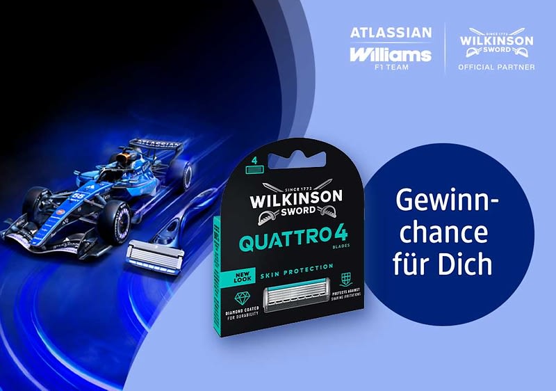 Werbebild mit einem blauen Formel‑1‑Rennauto links, rechts eine Verpackung Wilkinson Sword Quattro4 Klingen (schwarze Verpackung, grüner Schriftzug) und der Text „Gewinnchance für Dich“. Bild mithilfe von KI erstellt