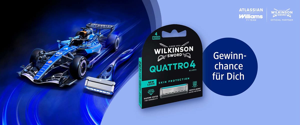 Werbebild mit einem blauen Formel‑1‑Rennauto links, rechts eine Verpackung Wilkinson Sword Quattro4 Klingen (schwarze Verpackung, grüner Schriftzug) und der Text „Gewinnchance für Dich“. Bild mithilfe von KI erstellt